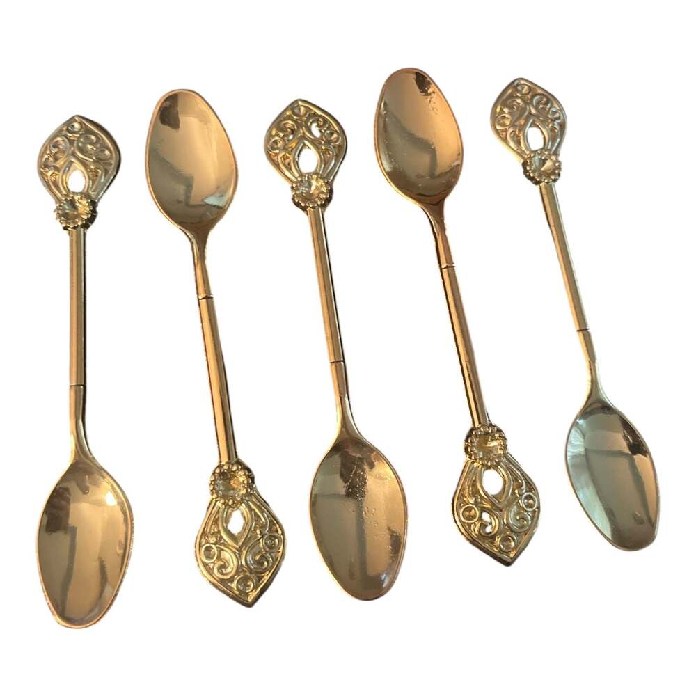 5-Piece Set of Vintage Style Royal Decorative Gold-Tone Coffee/Dessert Spoons